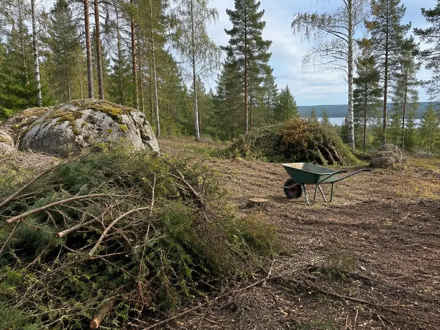 Röjd tomt med ris och skottkärra bland tall och björk